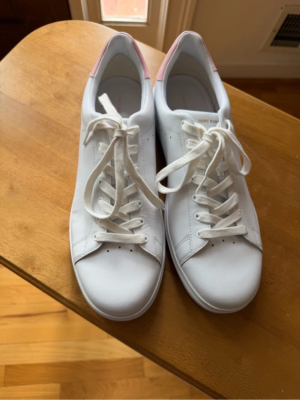 Tory Burch White Leather Sneakers with Pink Accents – Women’s Size 13